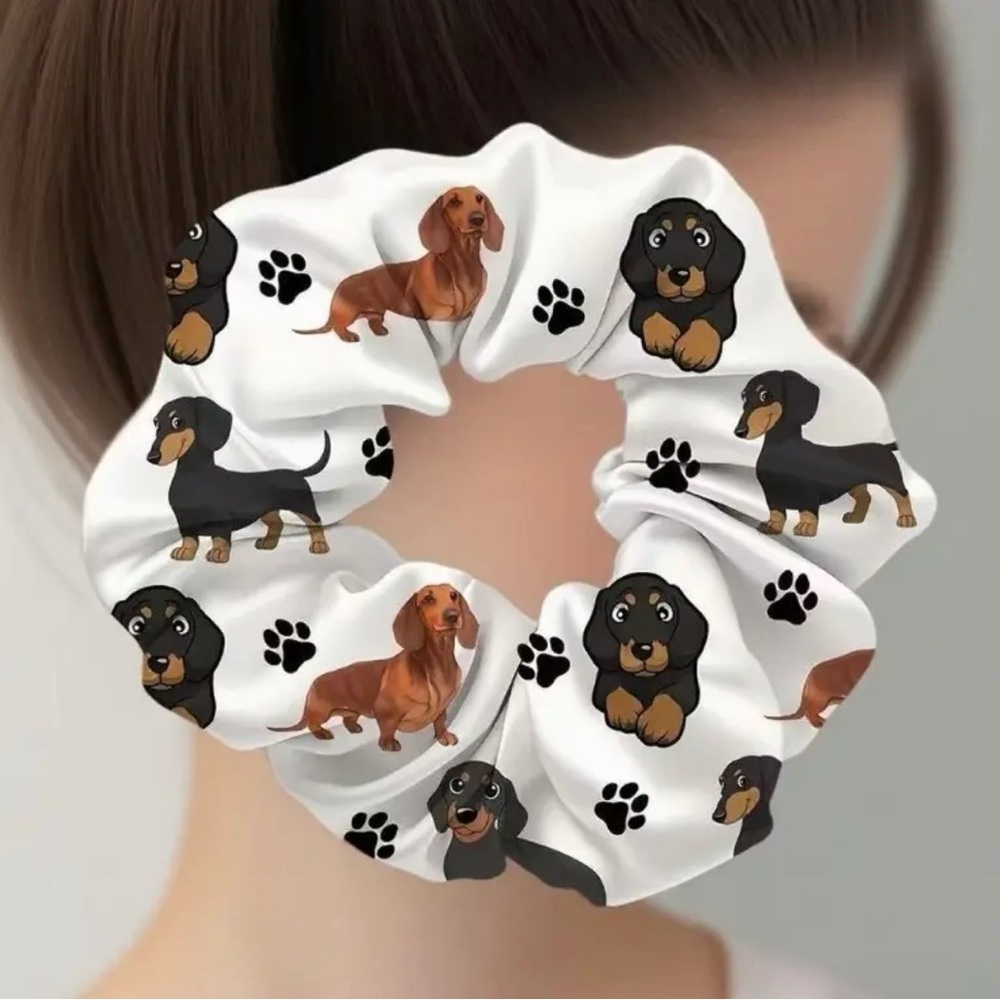Hair Scrunchie with Dog Print - White with Black and Brown Dogs, NEW